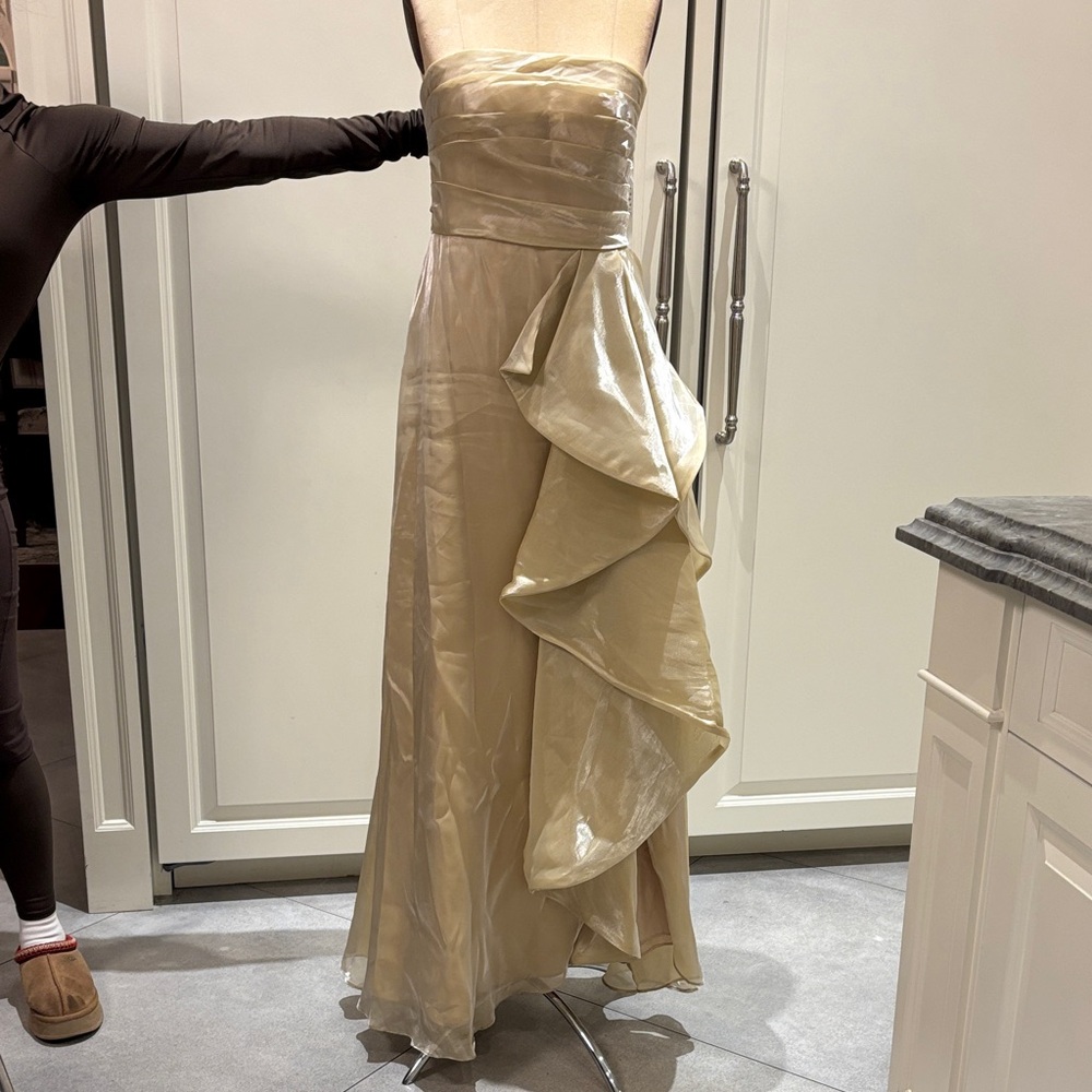 Azazie Strapless Shimmering Champagne Gown with Draped Ruffle